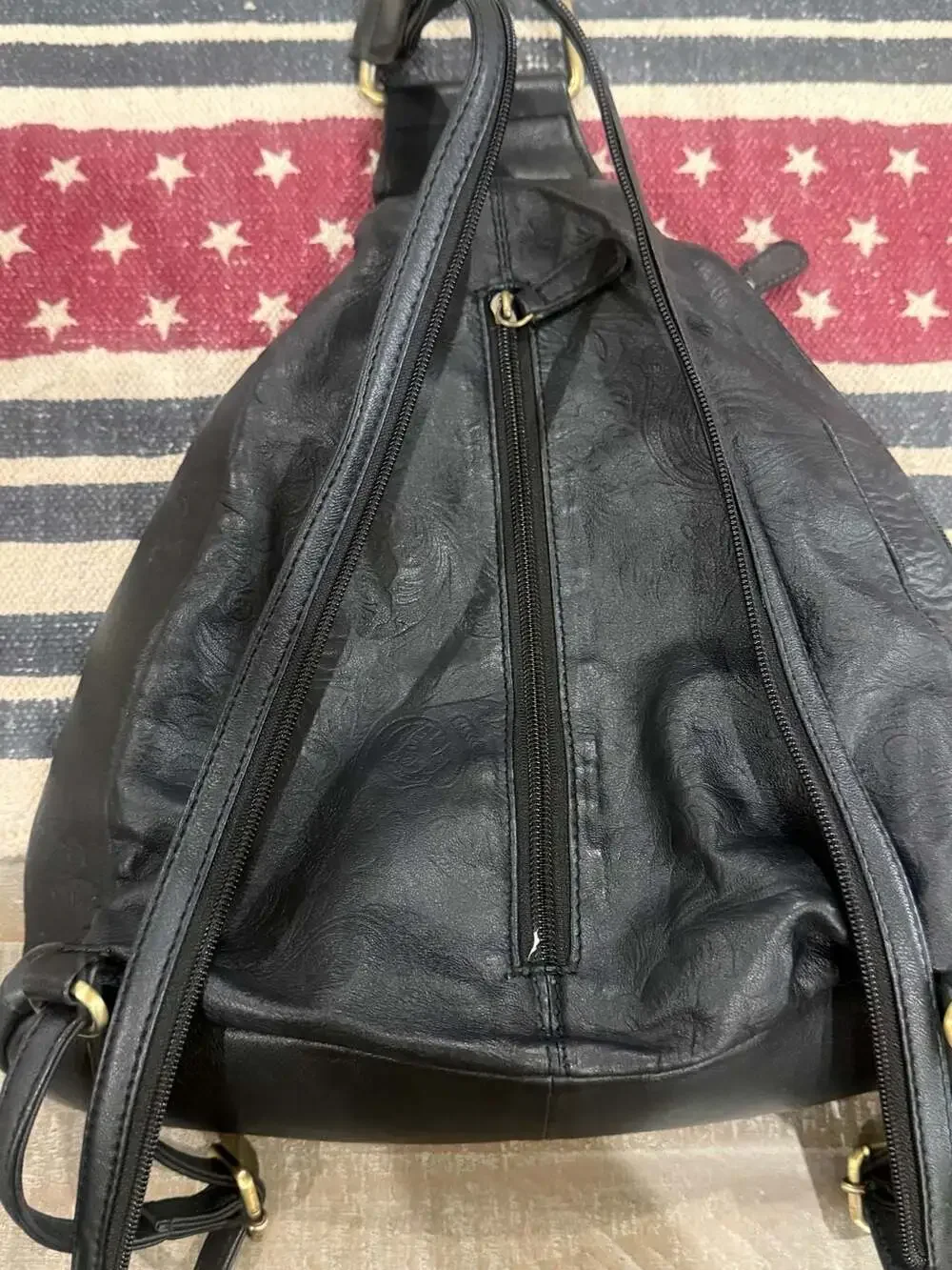 Great American Leather Works Black Leather Sling Backpack Embossed Floral Bag